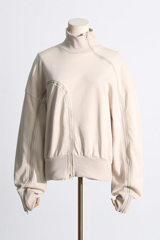 Edgy Off Shoulders Sweatshirt With Zippers  - Beige