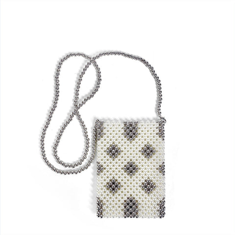 Sac à bandoulière pour téléphone portable fait à la main avec perles de couleur contrastée et petites perles fraîches 