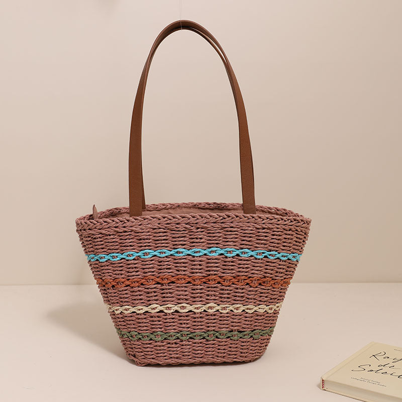 Sac à bandoulière en paille française à rayures colorées, sac de plage de grande capacité pour vacances en bord de mer 