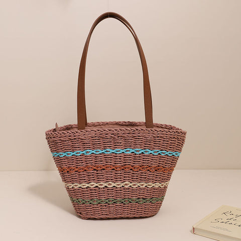 Sac à bandoulière en paille française à rayures colorées, sac de plage de grande capacité pour vacances en bord de mer 