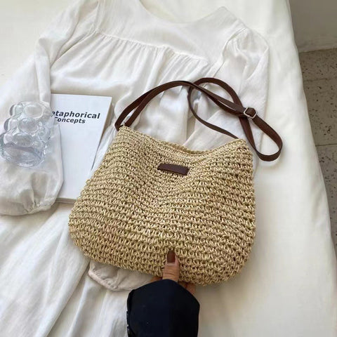 Crossbody Straw Bag Simple Shoulder Straw Bag Vacation Beach Bag All Match