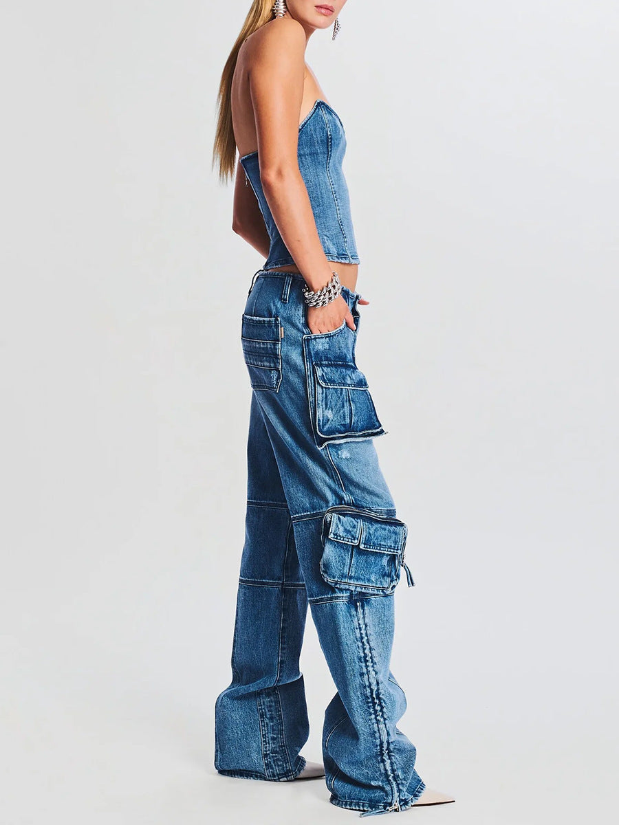 Patchwork high waist overalls loose jeans