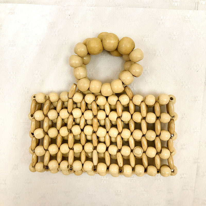 Retro Hand Woven Clutch Natural Wooden Bead Handbag Transparent Beach Cubic Bag