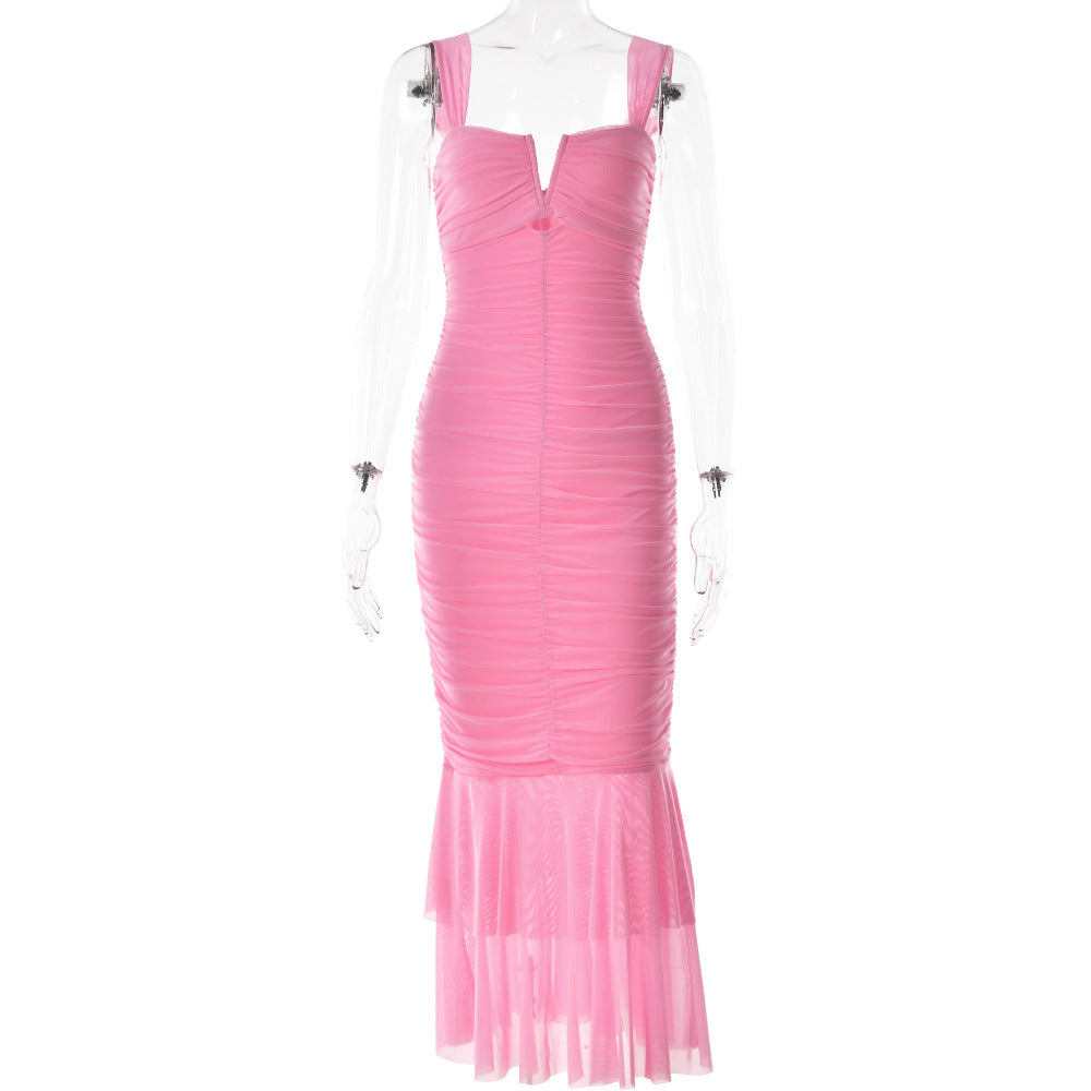 Spaghetti-strap pleated fishtail dress