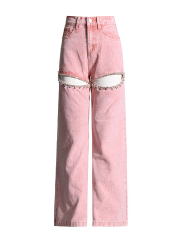 Crystal Cut-Out Straight Jeans - Pink