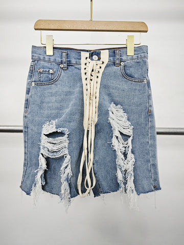 LACED UP DENIM SHORTS