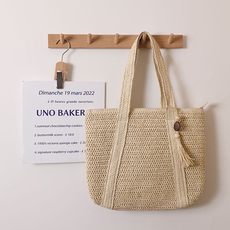 Sac à bandoulière en paille de couleur unie de grande capacité, sac de plage de vacances 