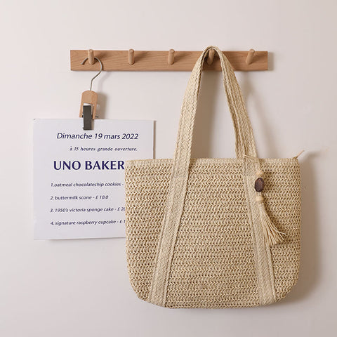Sac à bandoulière en paille de couleur unie de grande capacité, sac de plage de vacances 