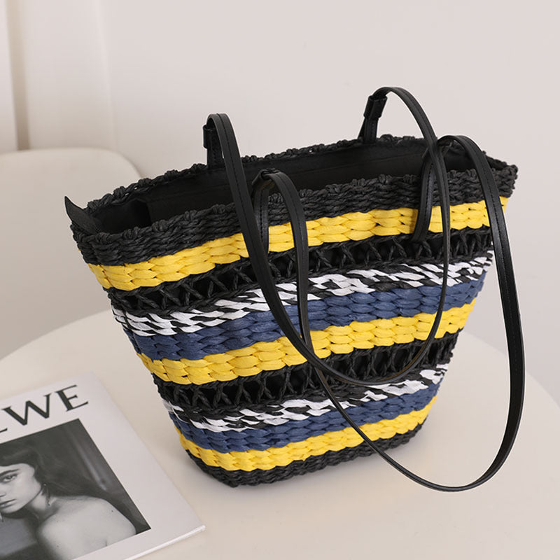Sac de paille découpé creux sac de paille portable à rayures vintage sac de plage de vacances en bord de mer sac à bandoulière 