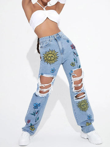 Floral & Sun Print Ripped Jeans