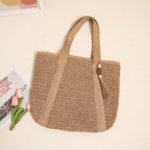 Sac à bandoulière en paille de couleur unie de grande capacité, sac de plage de vacances 