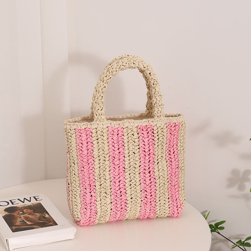 Sac en paille français à rayures verticales Sac en paille de couleur contrastée portable Sac pour femme Sac de plage de vacances en bord de mer 