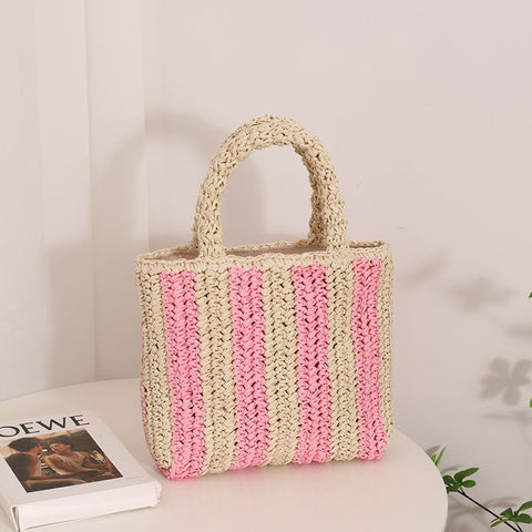 Sac en paille français à rayures verticales Sac en paille de couleur contrastée portable Sac pour femme Sac de plage de vacances en bord de mer 