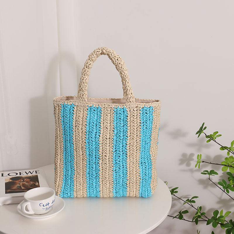 Sac en paille français à rayures verticales Sac en paille de couleur contrastée portable Sac pour femme Sac de plage de vacances en bord de mer 