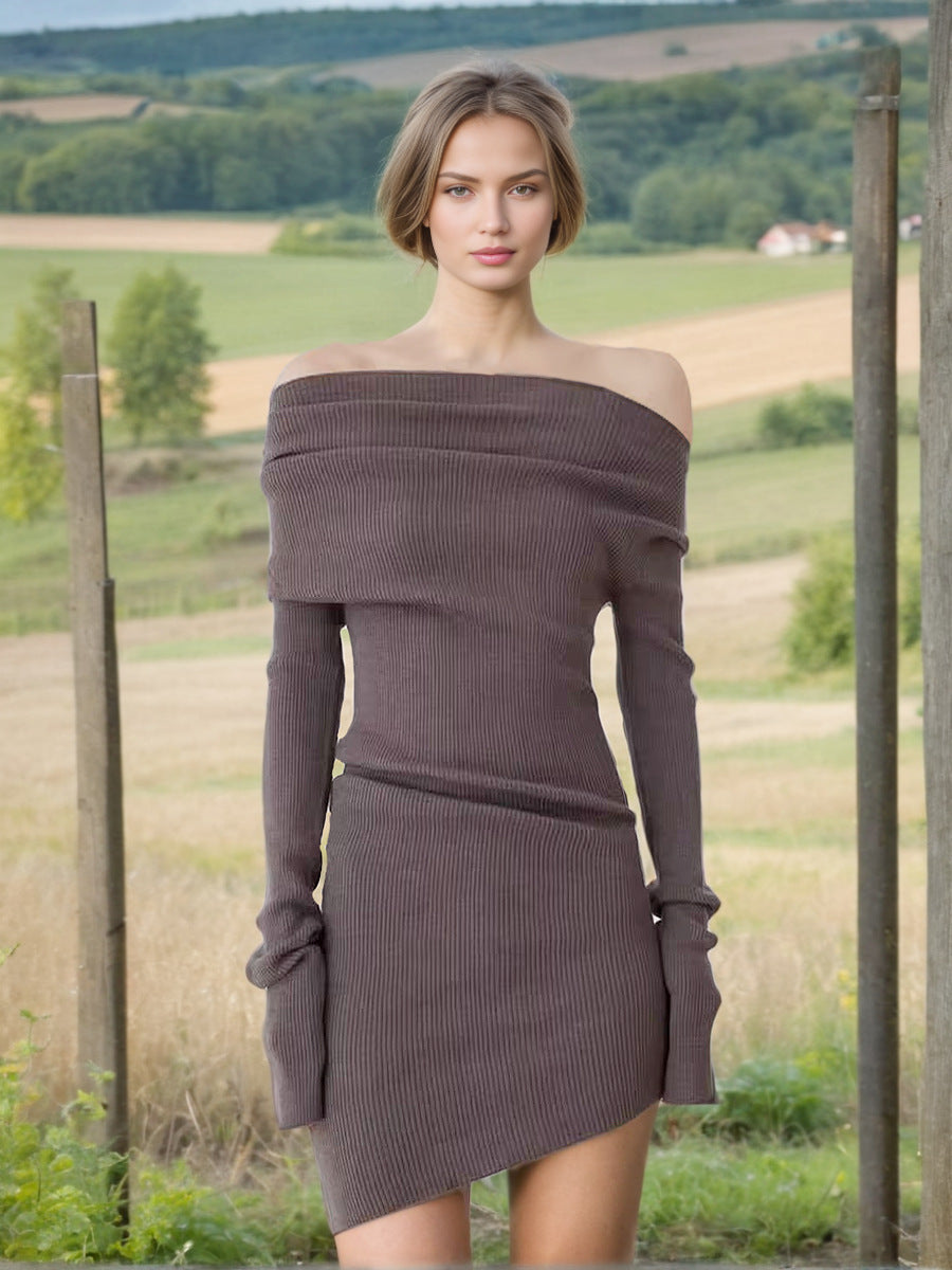 Curved Multi-wear Wool Knit Dress - Coffee Color