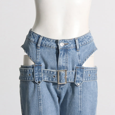 Blue Cut Out Wide Leg Jeans with Buckle