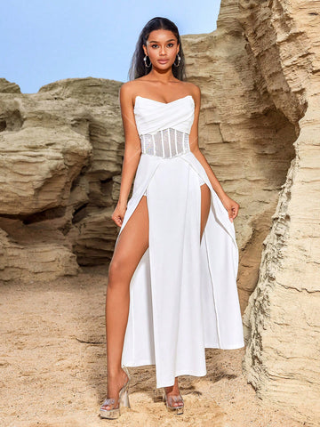 Backless Cross Strapless Rhinestone High Slit Long Dress