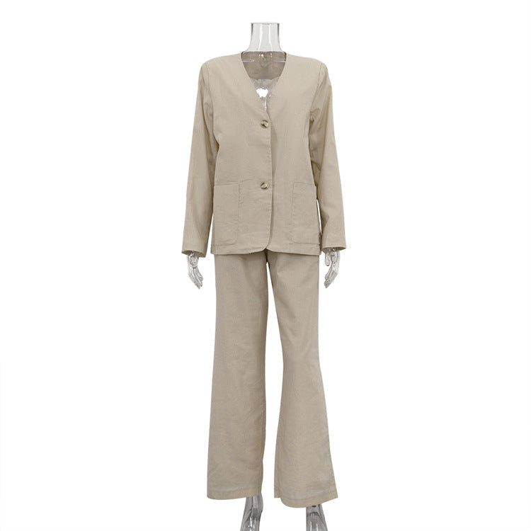 Solid Color Cotton Linen V neck Baggy Coat High Waist Wide Leg Pants Casual Two Piece Set