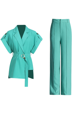 Short-sleeved tie waist top + high waist straight pants set