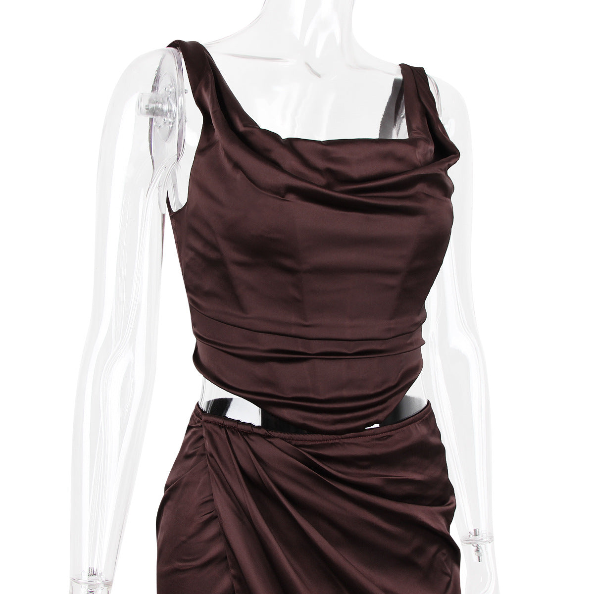 Vintage Printed Draped Corset Top Split Two Piece Maxi Dress - Brown