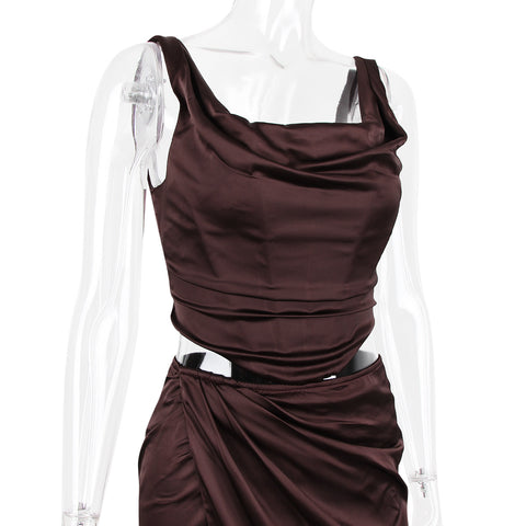 Vintage Printed Draped Corset Top Split Two Piece Maxi Dress - Brown