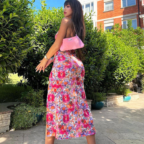 Printed V-Neck Halter Dress With Split Halter