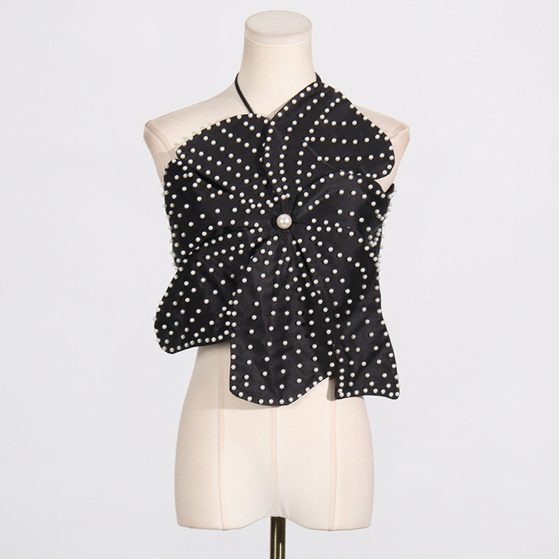 3D Flower Pearl Embellished Halter Top - Black