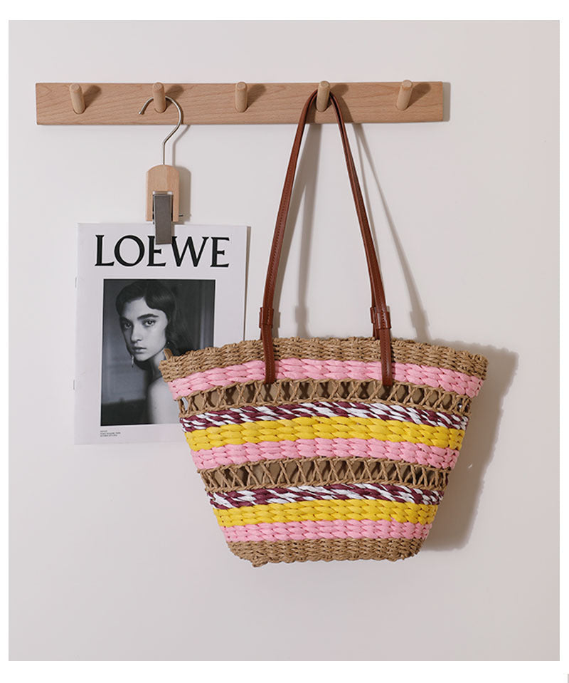 Sac de paille découpé creux sac de paille portable à rayures vintage sac de plage de vacances en bord de mer sac à bandoulière 