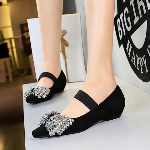 KoreanLight Luxury Elastic Band Slip on Low Heel Shoes Dazzling Rhinestone Bow Wedge Shoes