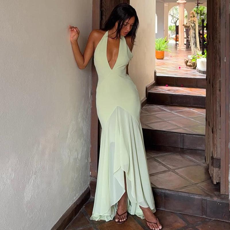 Halter neck deep V see-through mesh dress