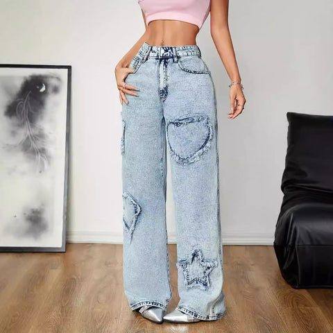 Retro Jeans Street Fünfzackigen Stern Stickerei Baggy Gerade Hose Hohe Taille