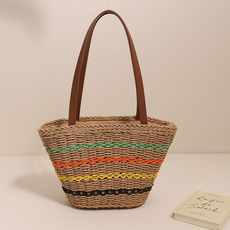 Sac à bandoulière en paille française à rayures colorées, sac de plage de grande capacité pour vacances en bord de mer 
