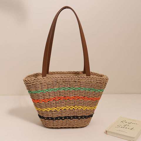 Sac à bandoulière en paille française à rayures colorées, sac de plage de grande capacité pour vacances en bord de mer 