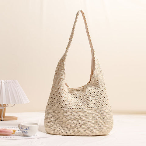 Sac à bandoulière en paille ajouré en fil de coton de grande capacité pour les vacances, la plage, décontracté 