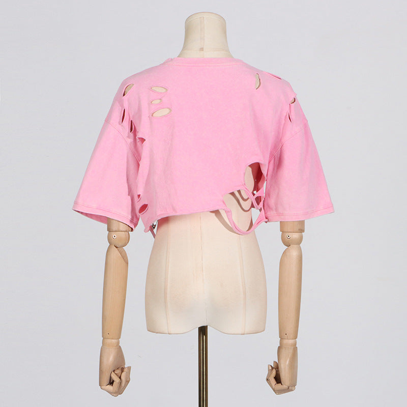 DISTRESSED STUDDED SHORT SLEEVE T SHIRT - Pink