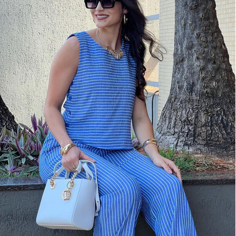 Blue Striped Sleeveless Top Baggy Straight Trousers Two Piece Set