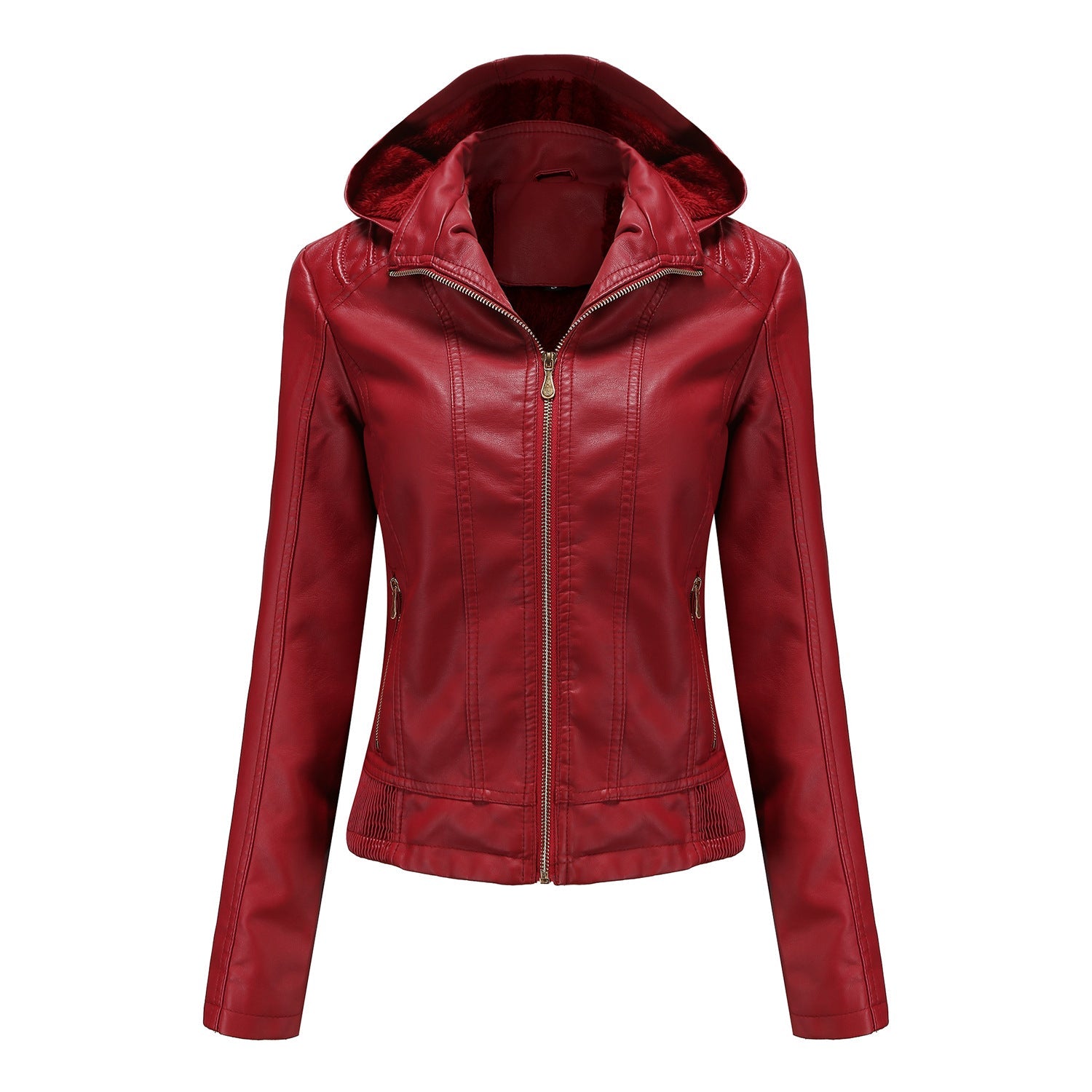 Manteau en cuir à capuche d'automne pour femme, chapeau amovible, manches longues, fermeture éclair, veste en cuir doublée en polaire, manteau slim