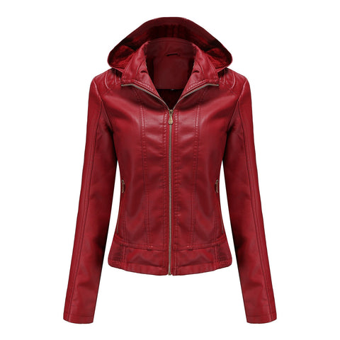 Manteau en cuir à capuche d'automne pour femme, chapeau amovible, manches longues, fermeture éclair, veste en cuir doublée en polaire, manteau slim