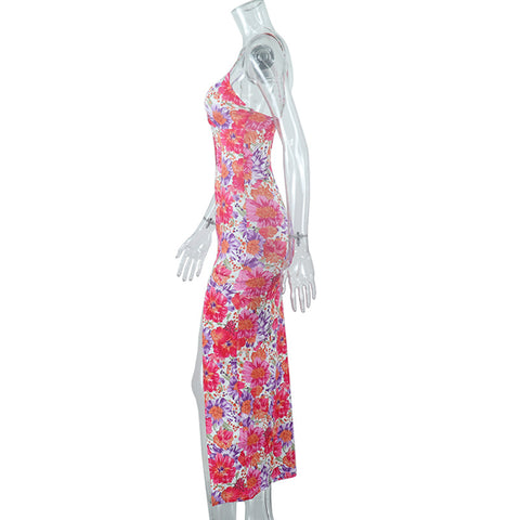 Printed V-Neck Halter Dress With Split Halter