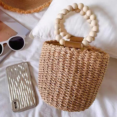 Cute Beaded Portable Straw Weaved Bag Bucket Hand Carrying Straw Bag Vacation Beach Bag Women