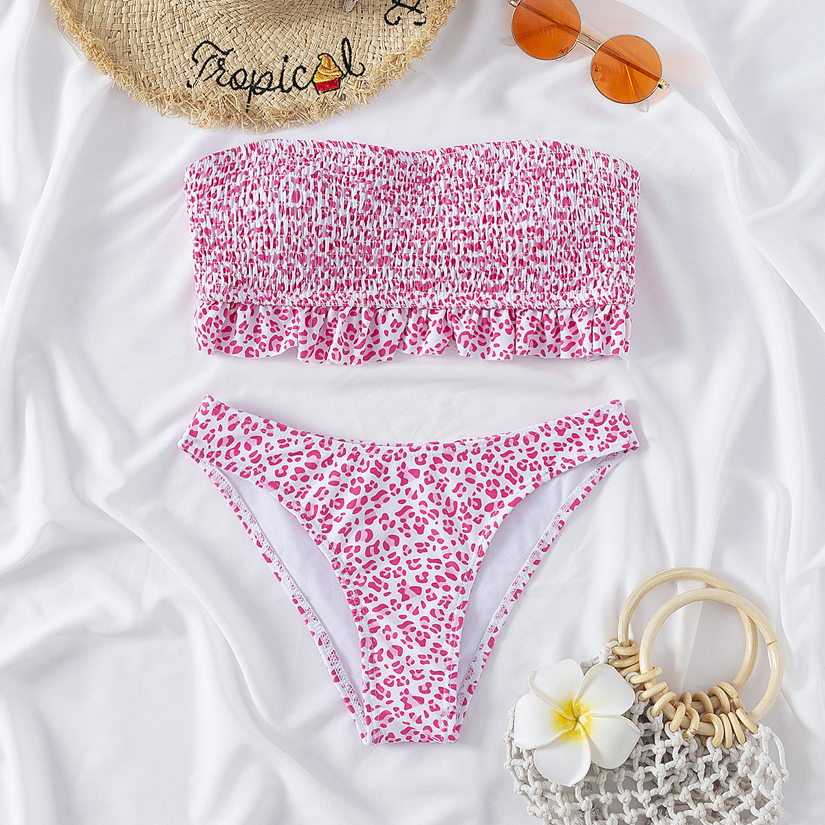 Gerafftes Bandeau-Bikini-Set mit hoher Taille 