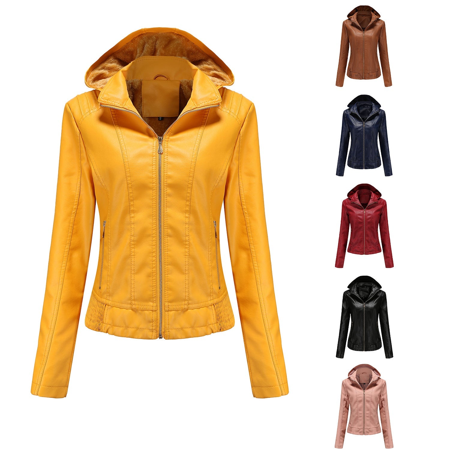 Manteau en cuir à capuche d'automne pour femme, chapeau amovible, manches longues, fermeture éclair, veste en cuir doublée en polaire, manteau slim