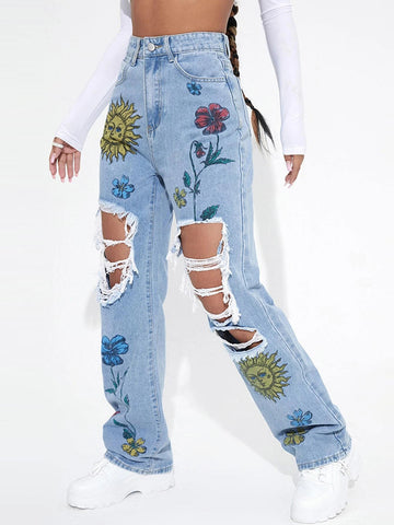 Floral & Sun Print Ripped Jeans