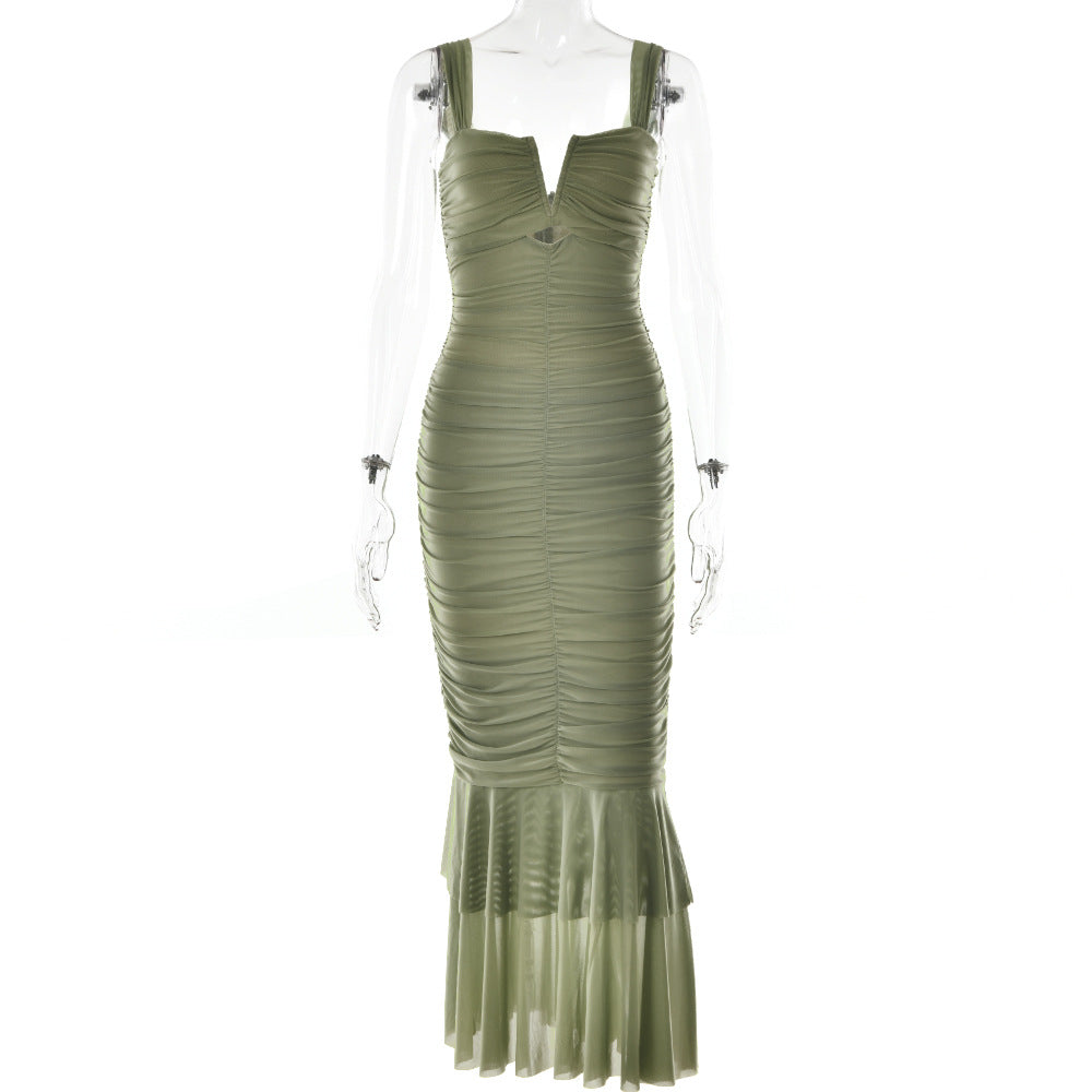Spaghetti-strap pleated fishtail dress