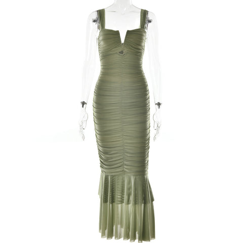 Spaghetti-strap pleated fishtail dress