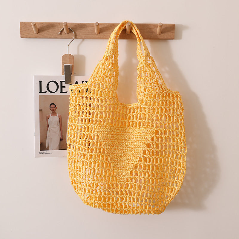 Large Capacity Hollow Out Cutout Straw Bag Fresh Candy Color One Shoulder Tote Portable Beach Bag