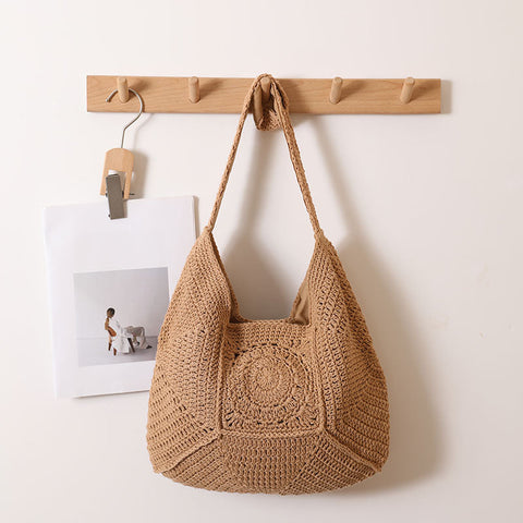 Sac à bandoulière simple de haute qualité, grande capacité, fil de coton, ajouré, découpé, sac de paille floral, sac de plage de vacances 