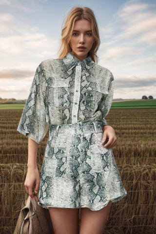 Short-Sleeve Collared Patterned Shirt + High Waist Shorts