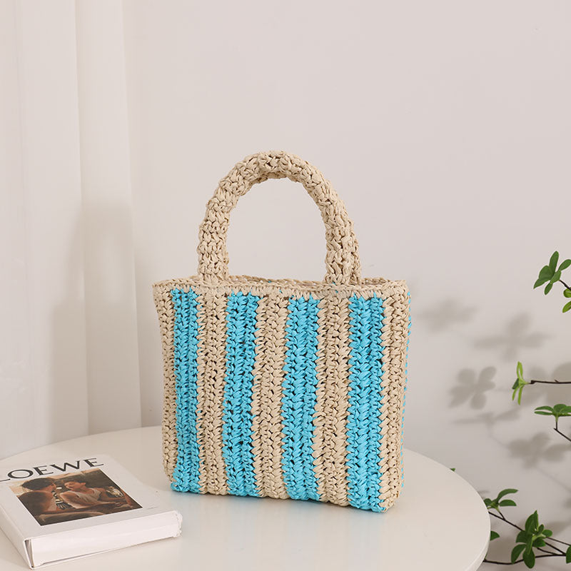 Sac en paille français à rayures verticales Sac en paille de couleur contrastée portable Sac pour femme Sac de plage de vacances en bord de mer 