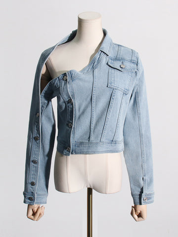 One-Shoulder Long-Sleeved Button-Down Denim Jacket